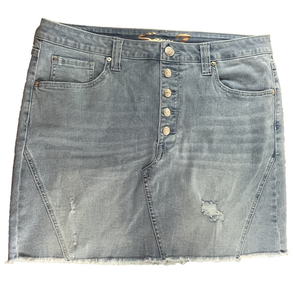 Seven 7 Womens Size 14 Weekend Jean Denim Stretch Mini Skirt Button Fly Distress - Picture 1 of 11